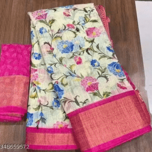 Pink Colour Floral Print Cotton Saree with Contrast Border