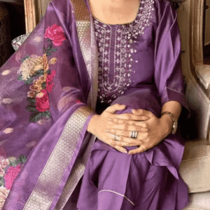 Rich purple rayon kurti set with organza-style floral dupatta