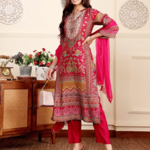 Women Pink Ethnic Floral Printed Gota Embellished Flared Sleeve Kurta With Trouser. And Dupatta